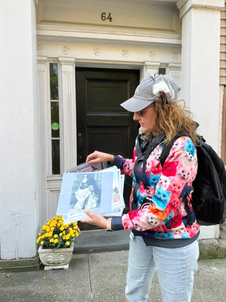 Tour guide sharing historical photos of NYC cats with guests