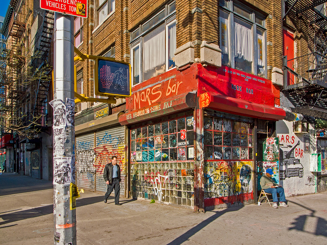 Mars Bar dive bar on the Lower East Side with graffiti-covered facade and fire escapes
